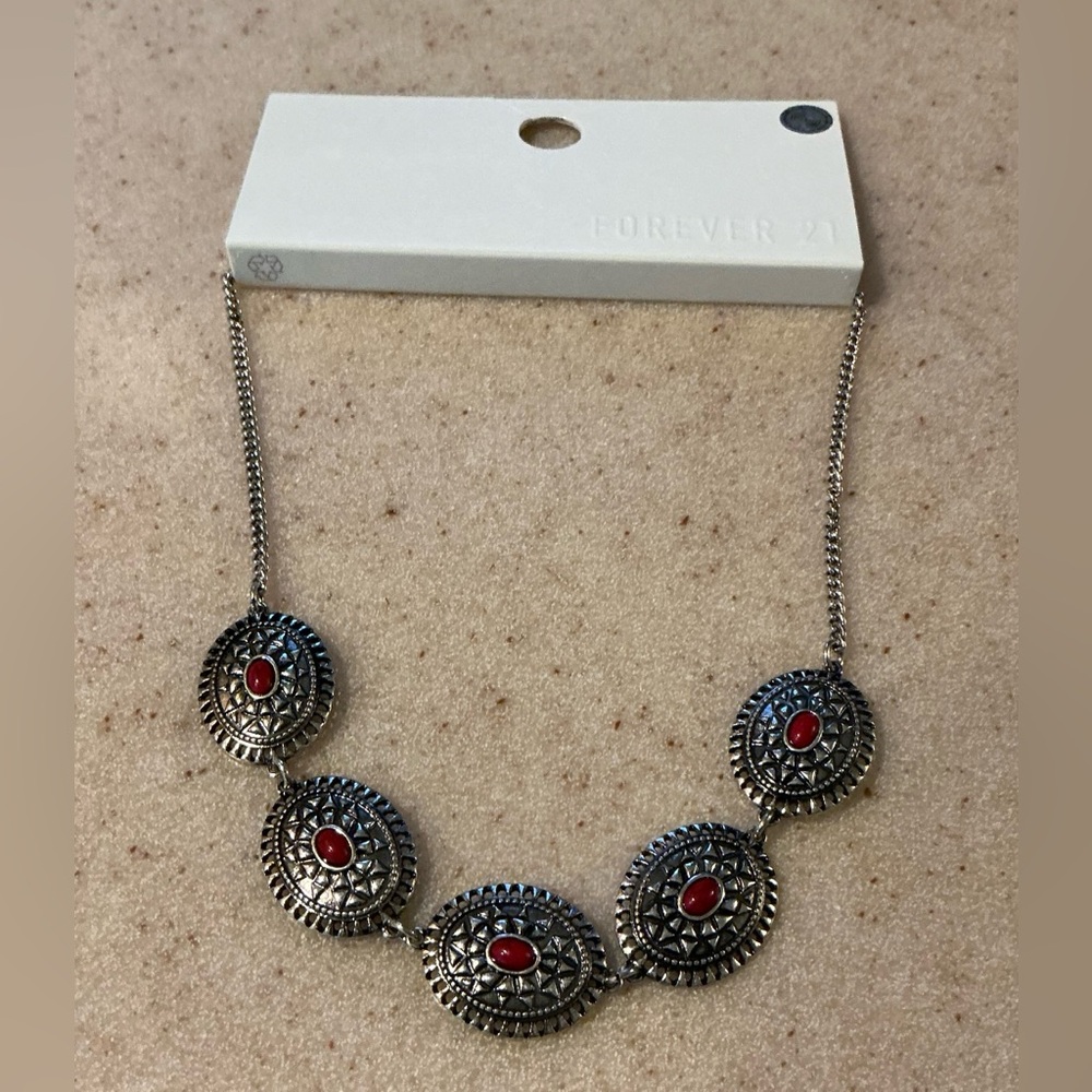 Forever 21 Silver and Red Oval Necklace